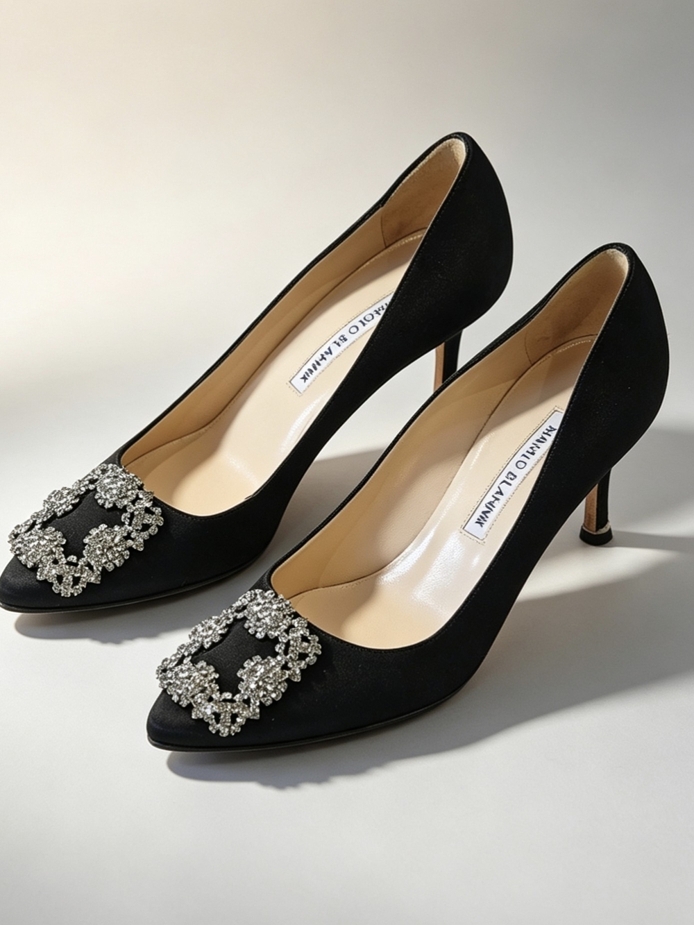 Manolo Blahnik Black Satin Hangisi Crystal-Embellished Pumps - Picture 4 of 12